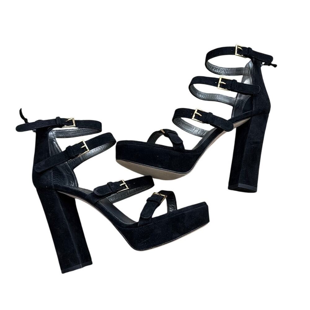 Stuart Weitzman Fourbucks Black Suede Strappy Platform Sandals Block Heel Sz 9